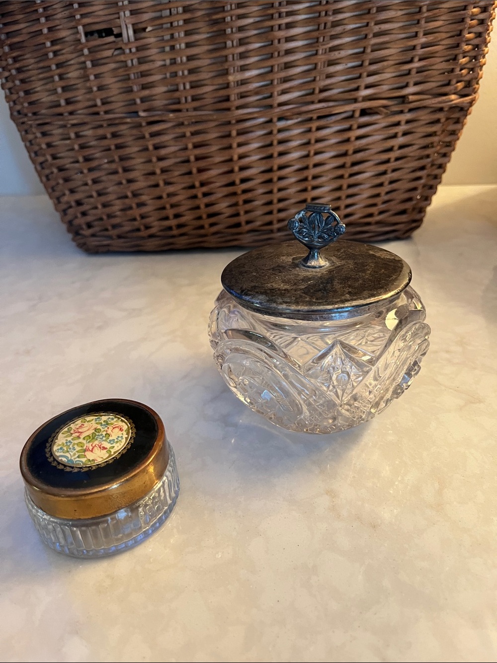 Vintage cut crystal and ornate silver plate lid vanity jar and small floral jar